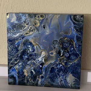 Abstract Acrylic Pouring Art blue / gold / silver 6” x 6”